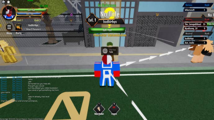 The player character interacts with the character customisation NPC in Heroes Awakening on Roblox
