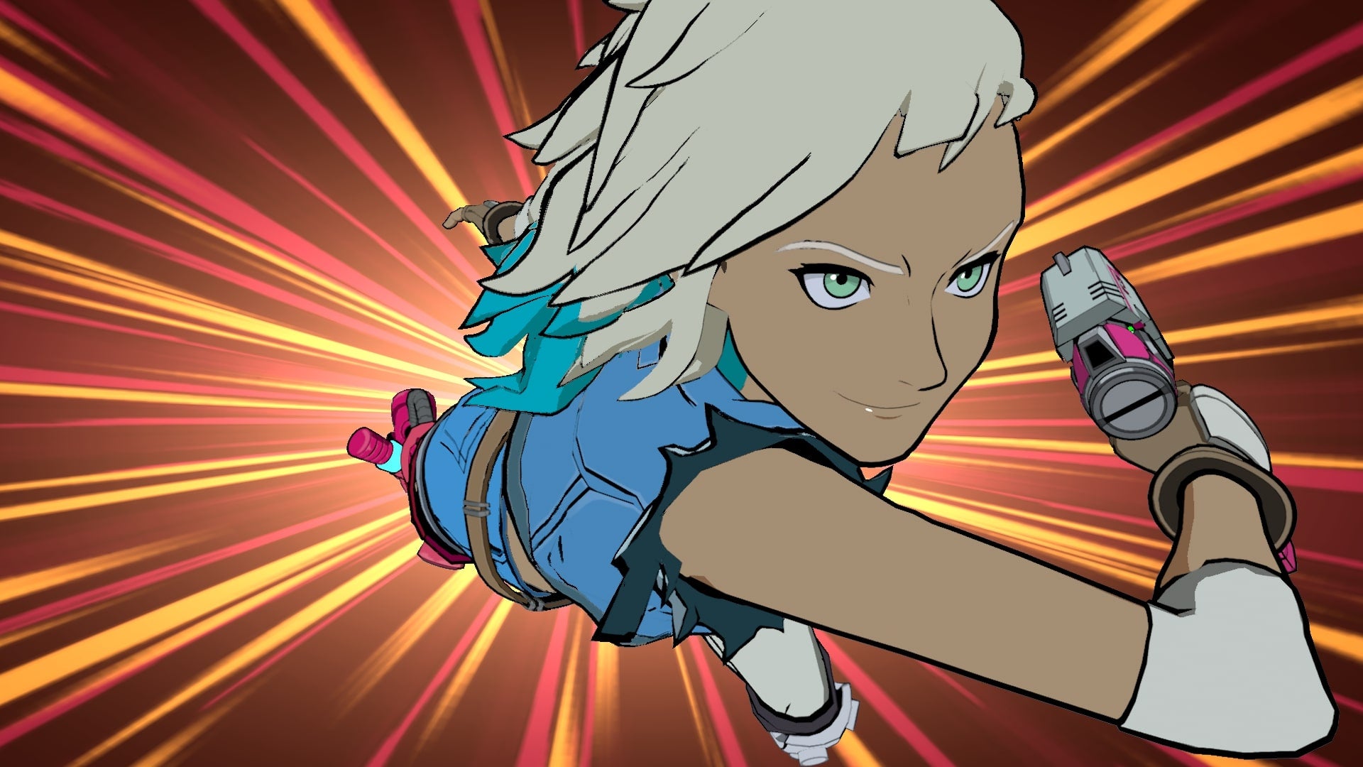 A Hi-Fi Rush screenshot of a young woman sprinting towards the player