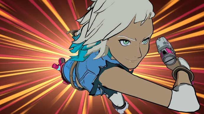 A Hi-Fi Rush screenshot of a young woman sprinting towards the player