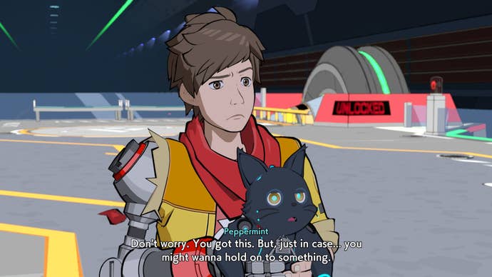 A Hi-Fi Rush screenshot of a quizzical Chai holding a cute, black cat called Peppermint
