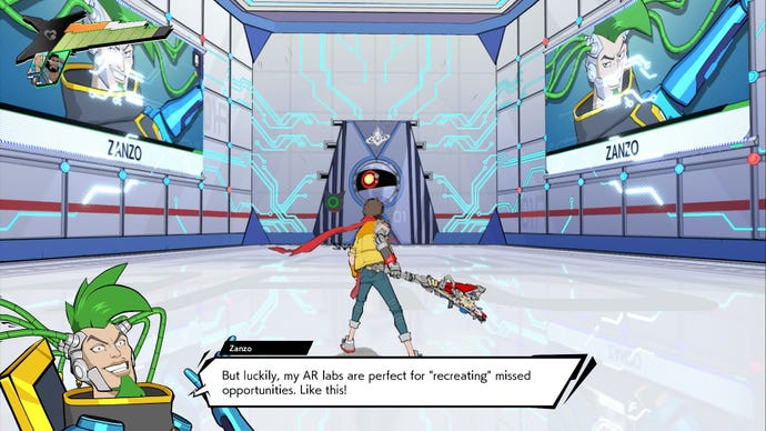 A Hi-Fi Rush screenshot of protagonist Chai in a virtual reality room with shiny metal floors and walls