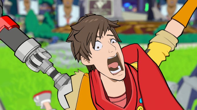 Hi-Fi Rush screenshot showing Chai screaming at the camera.