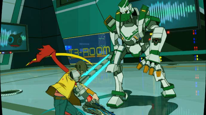 Hi-Fi Rush screenshot showing Chai swinging at a big robot.