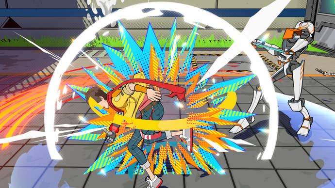 Hi-Fi Rush screenshot showing a big blast around Chai as his guitar connects with a robot.