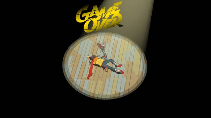 Text reads ‘Game Over’ and Chai from Hi-Fi Rush lies in the middle of a spotlight, surrounded by black.