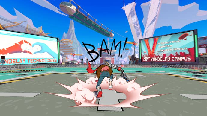 HiFi rush review - landing on the tarmac from an attack with a big ‘BAM!’ caption