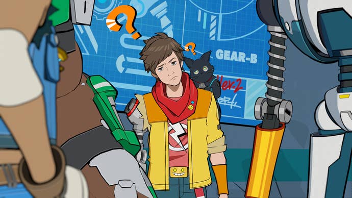 HiFi rush review - Chai looking confused with a question mark above his head