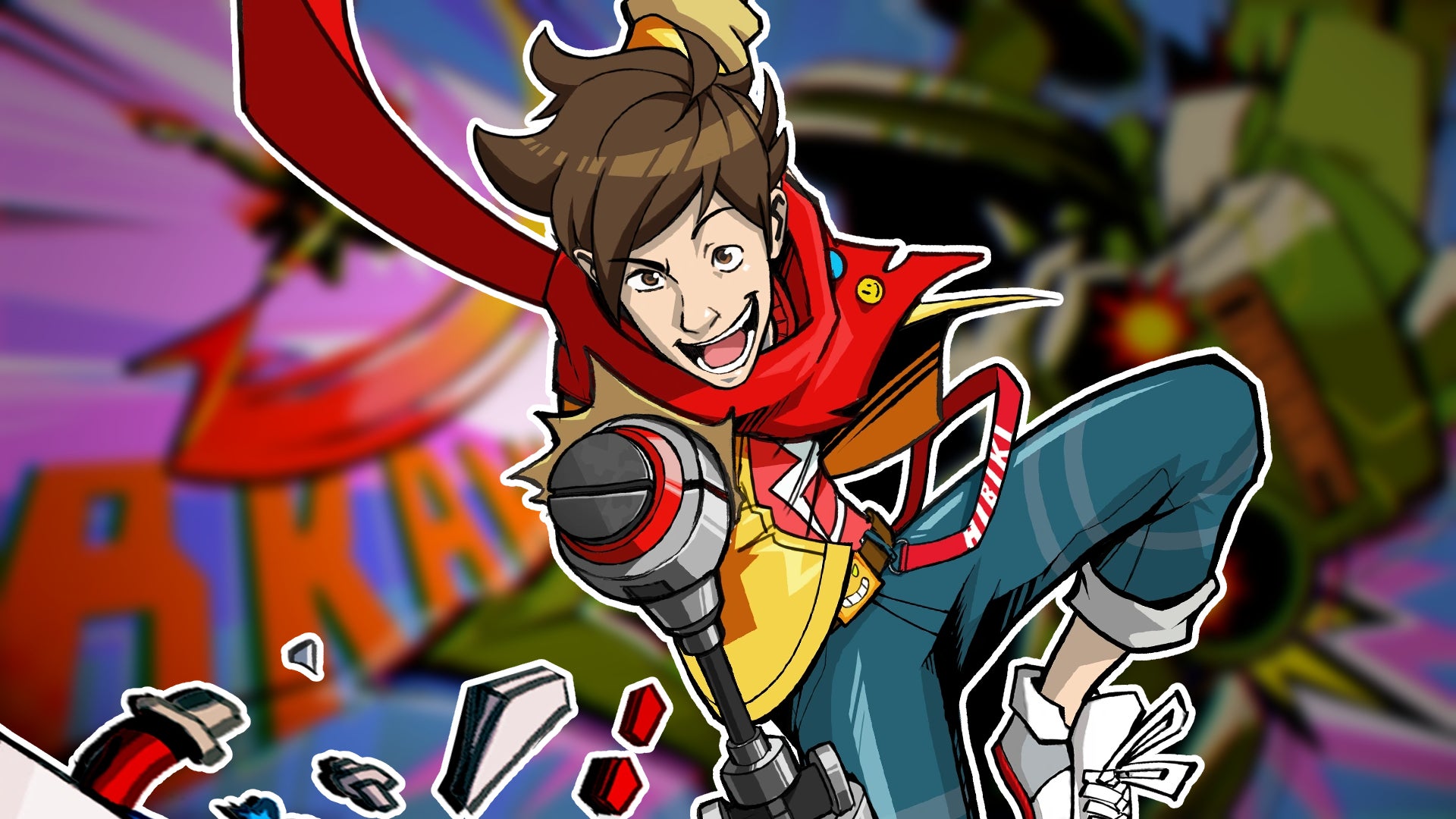 Chai, from HiFi Rush, swings his guitar weapon down in front of him, over a blurred image of a boss fight from the game. - 1