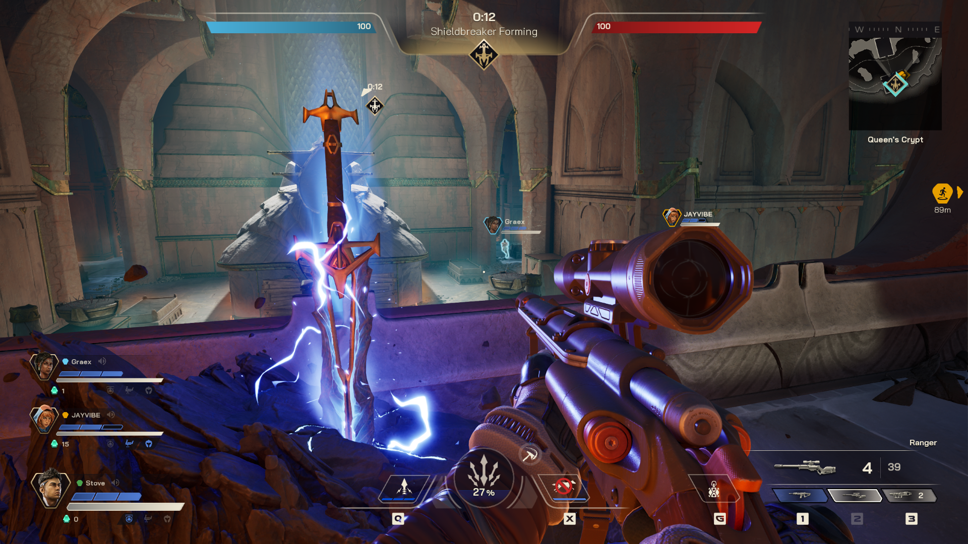 Standing guard over the Shieldbreaker sword with a sniper rifle in Highguard.