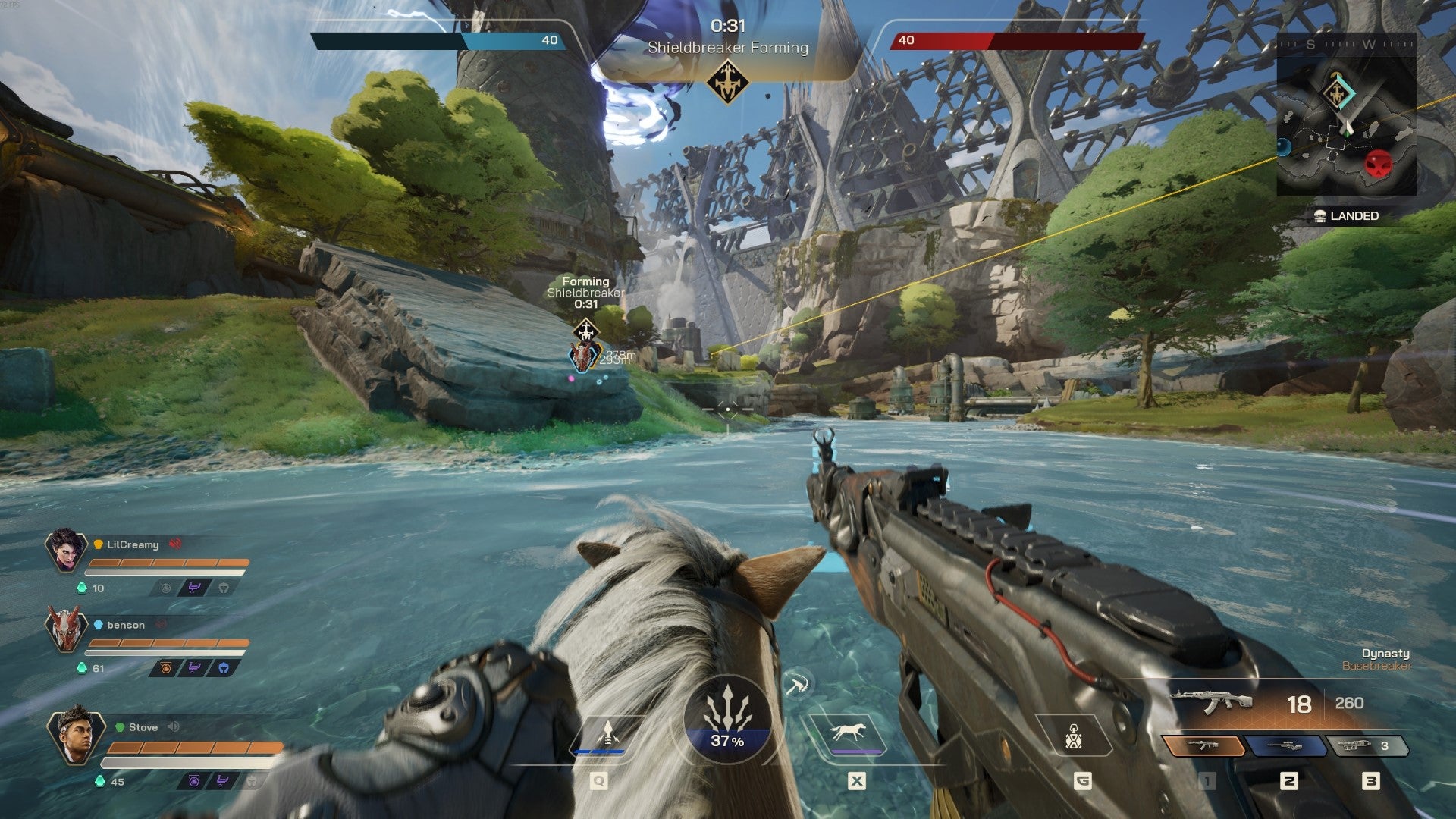 Riding a horse, fantasy AK-47 in hand, across a shallow river in Highguard. - 4