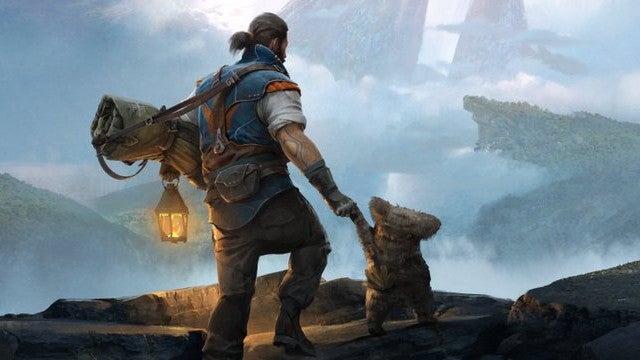 Highguard image showing a character holding a small bear-like creature's paw as they look towards the distance