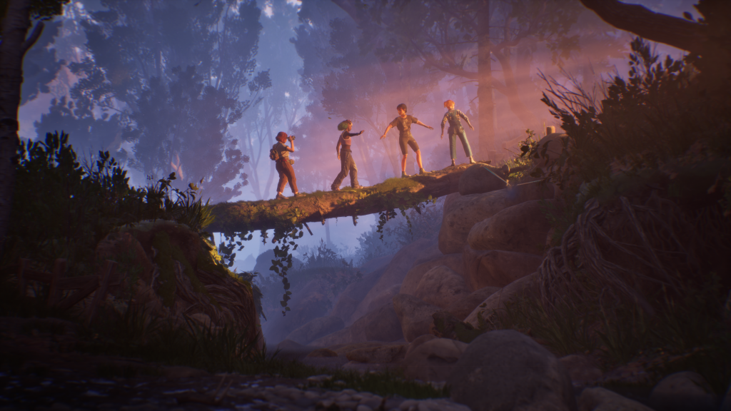 Lost Records: Bloom &amp; Rage screenshot showing the gang crossing a log bridge.