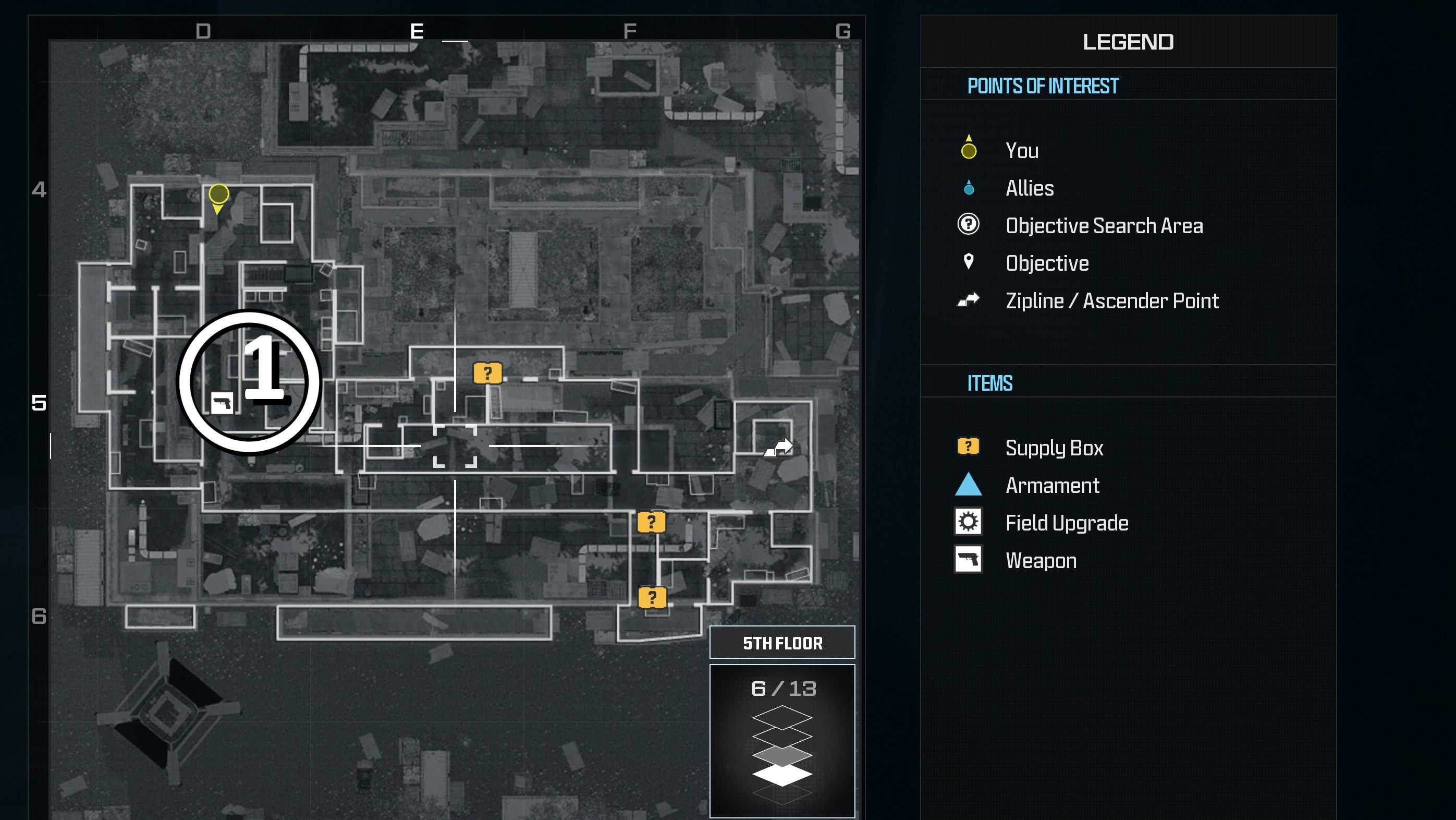 tactical map view of a weapon supply box location on the fifth floor of the highrise level marked with a number and a white circle