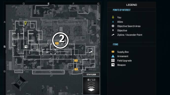 tactical map view of a weapon supply box location on the fifth floor of the highrise level marked with a number and a white circle