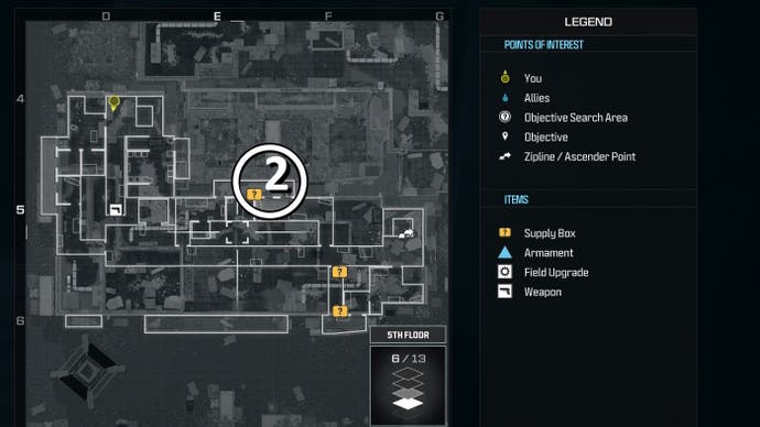 tactical map view of a weapon supply box location on the fifth floor of the highrise level marked with a number and a white circle