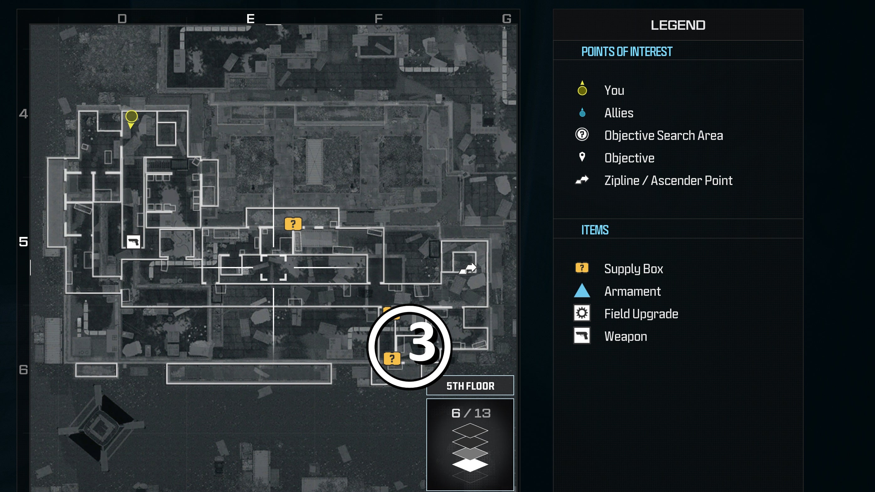 tactical map view of a weapon supply box location on the fifth floor of the highrise level marked with a number and a white circle