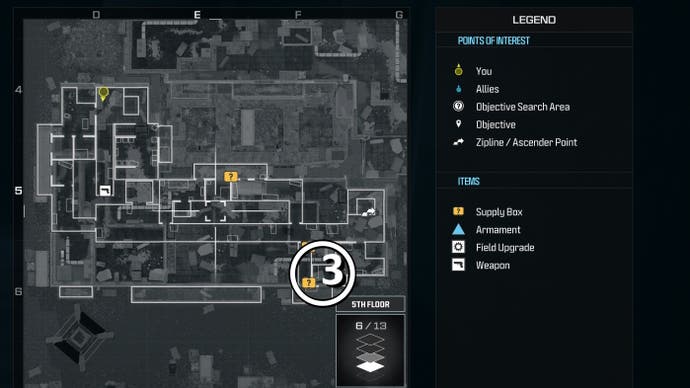 tactical map view of a weapon supply box location on the fifth floor of the highrise level marked with a number and a white circle