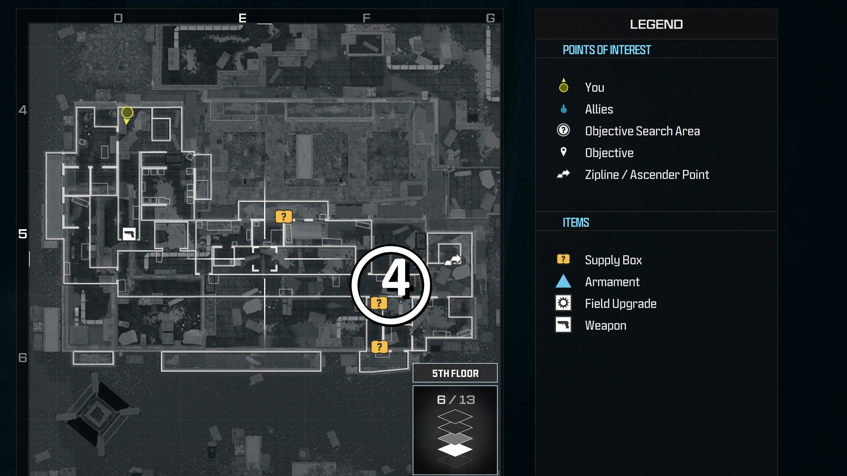 tactical map view of a weapon supply box location on the fifth floor of the highrise level marked with a number and a white circle