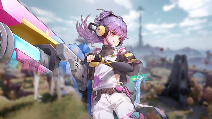 Tower of Fantasy image showing Hilda against a blurred backdrop of a cloudy sky over a craggy grassland.