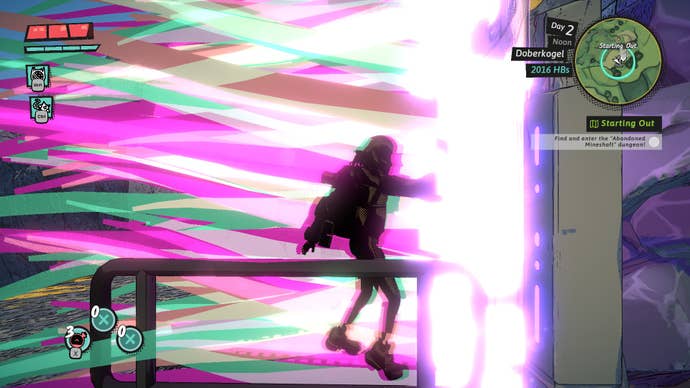 Luisa traverses a dungeon portal in Dungeons of Hinterberg, releasing waves of psychedelic energy