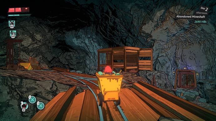 Luisa rides a minecart through a dungeon in Dungeons of Hinterberg