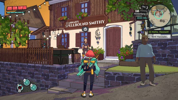 Luisa stands outside a neat smithy village in Dungeons of Hinterberg.