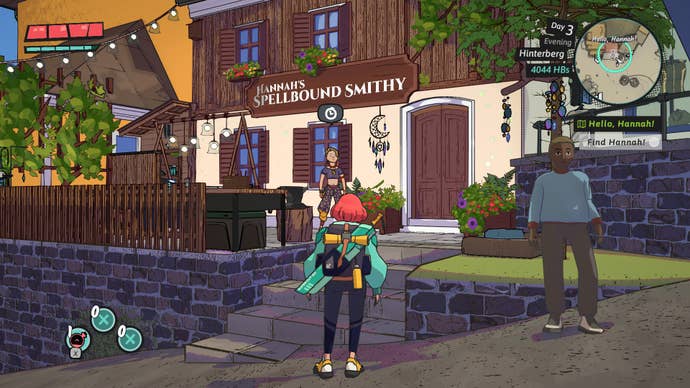 Luisa stands outside a neat village smithy in Dungeons of Hinterberg.