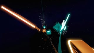 Screenshot of Beat Saber with green and orange sabers swiping at coloured blocks