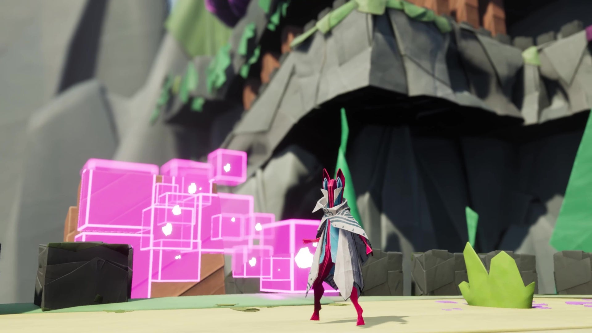 Hirogami screenshot showing Hiro in his base form, standing in front of glowing electric pink blocks.
