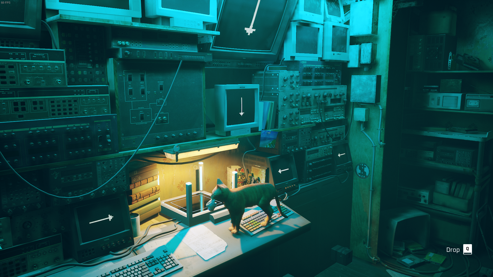 The Outsider, a cat, places B-12 down on an illuminated platform to be powered up in Stray.