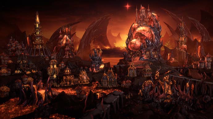 A fiery Hive city in Heroes Of Might & Magic: Olden Era