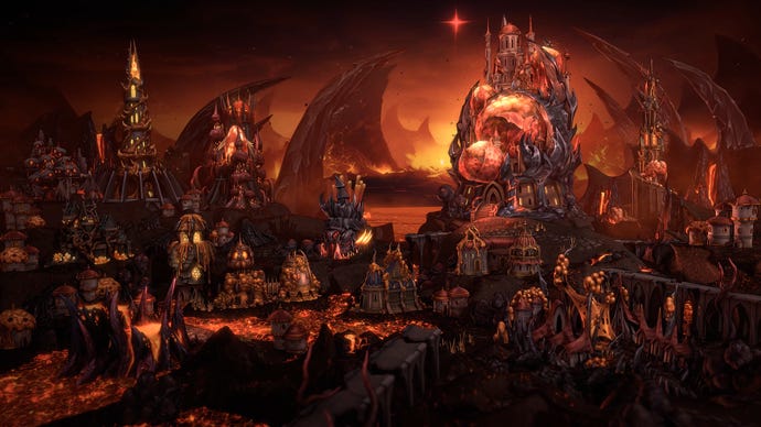 A fiery Hive city in Heroes Of Might & Magic: Olden Era