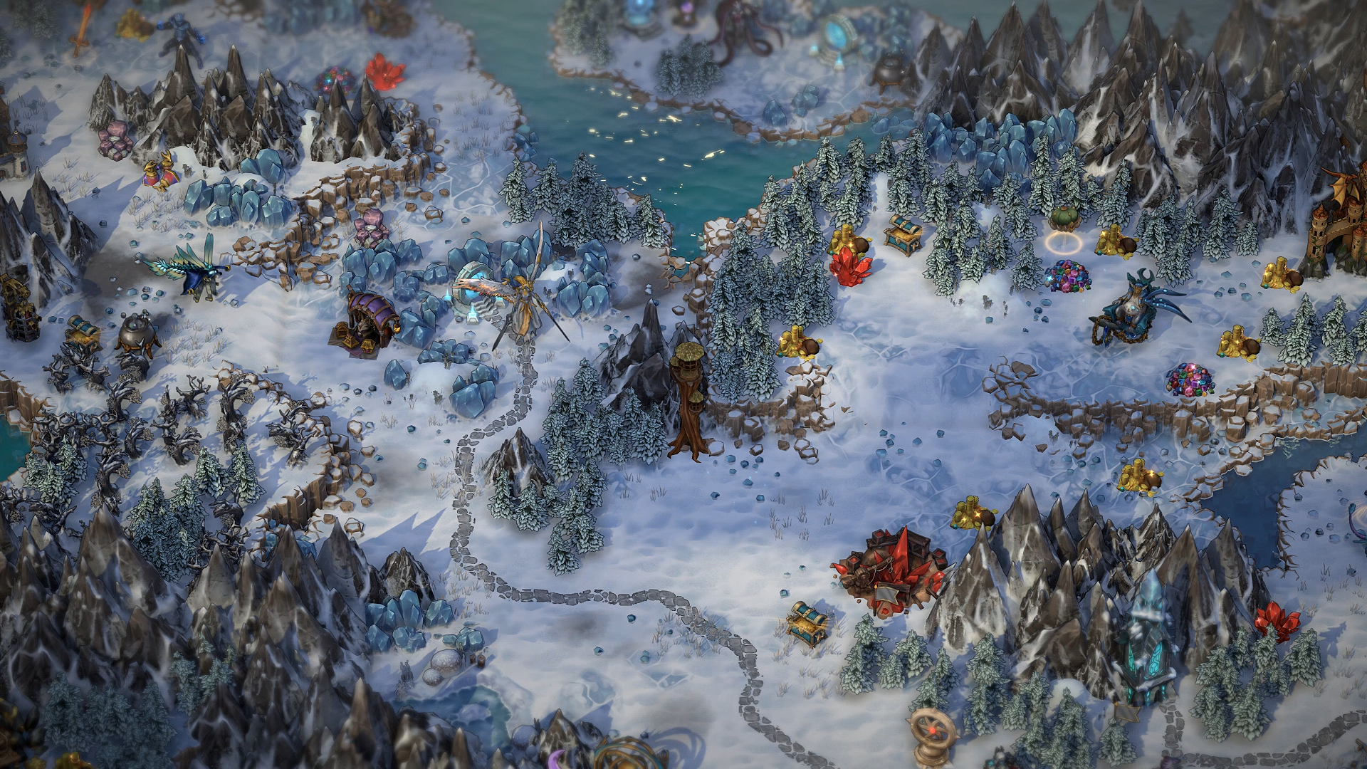 A snowy forest map with a watchtower and an angel enemy in Heroes Of Might &amp; Magic: Olden Era
