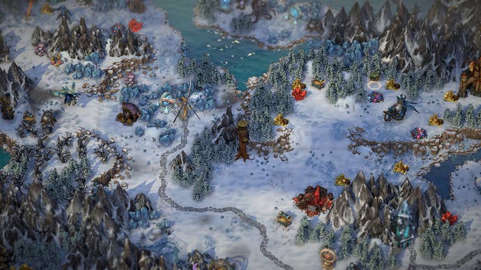 A snowy forest map with a watchtower and an angel enemy in Heroes Of Might & Magic: Olden Era