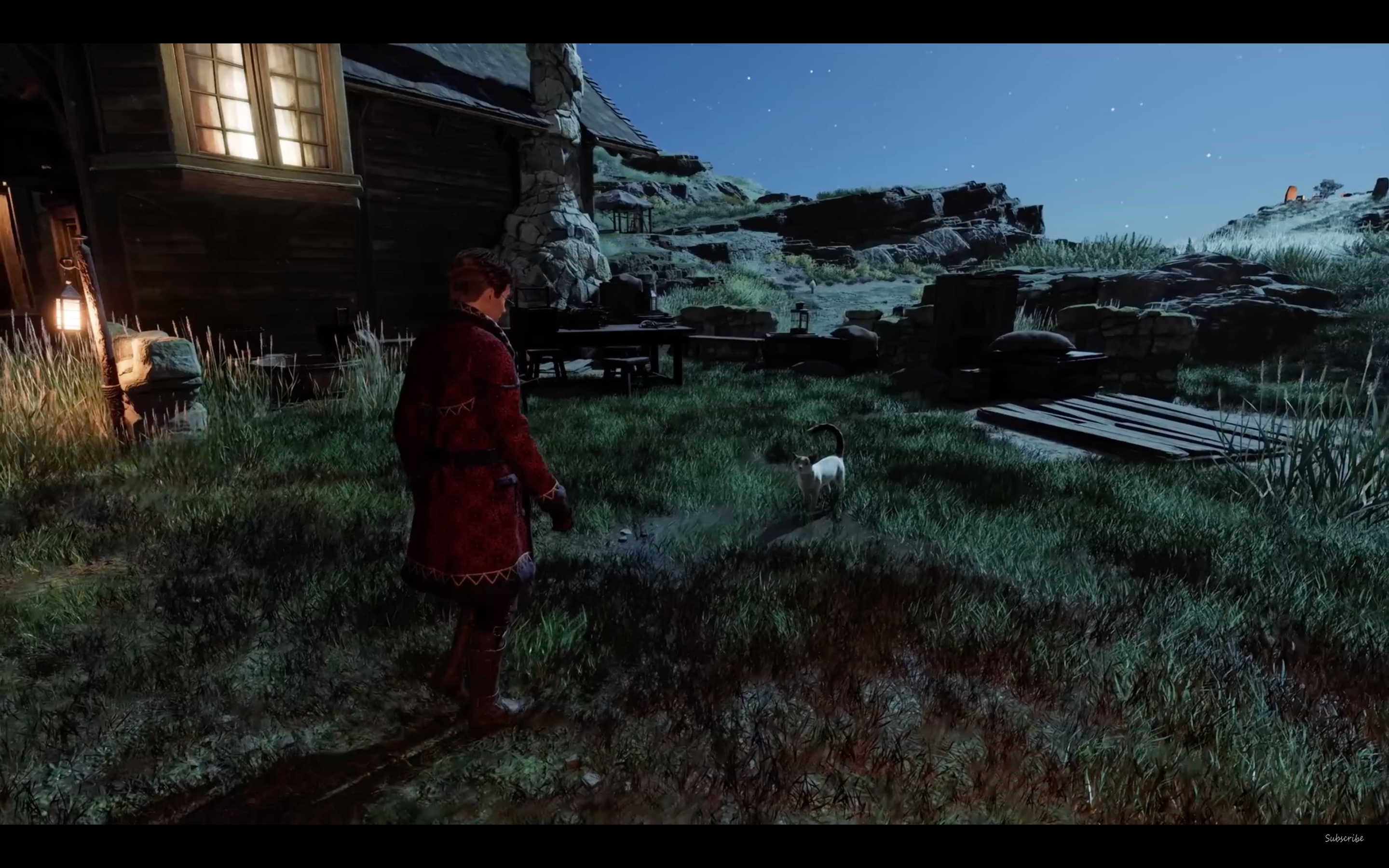 A young wizard greets a cat at night in a village in Hogwarts Legacy