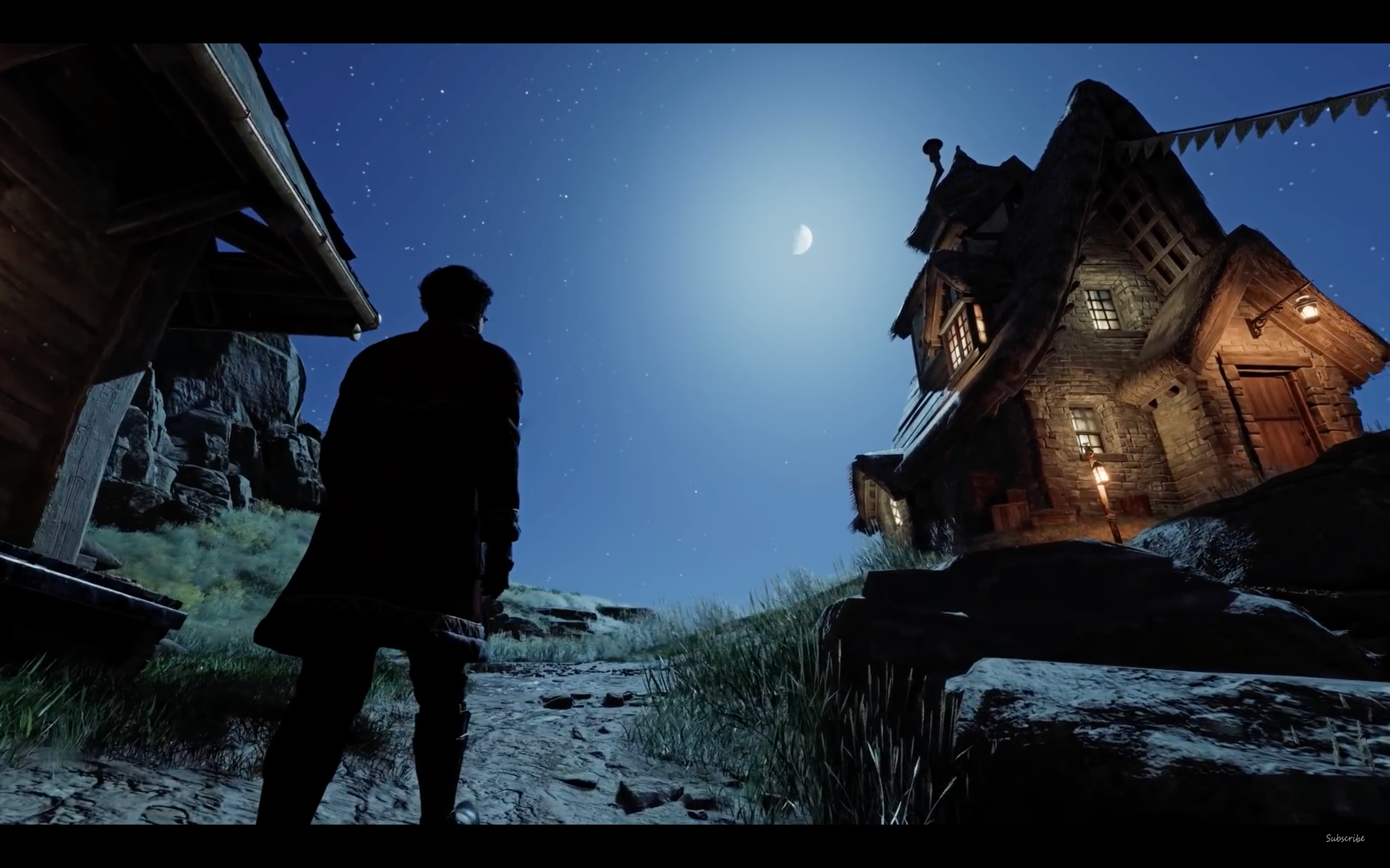 A young wizard looks up at the moonlit sky in a village in Hogwarts Legacy