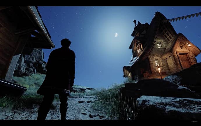 A young wizard looks up at the moonlit sky in a village in Hogwarts Legacy