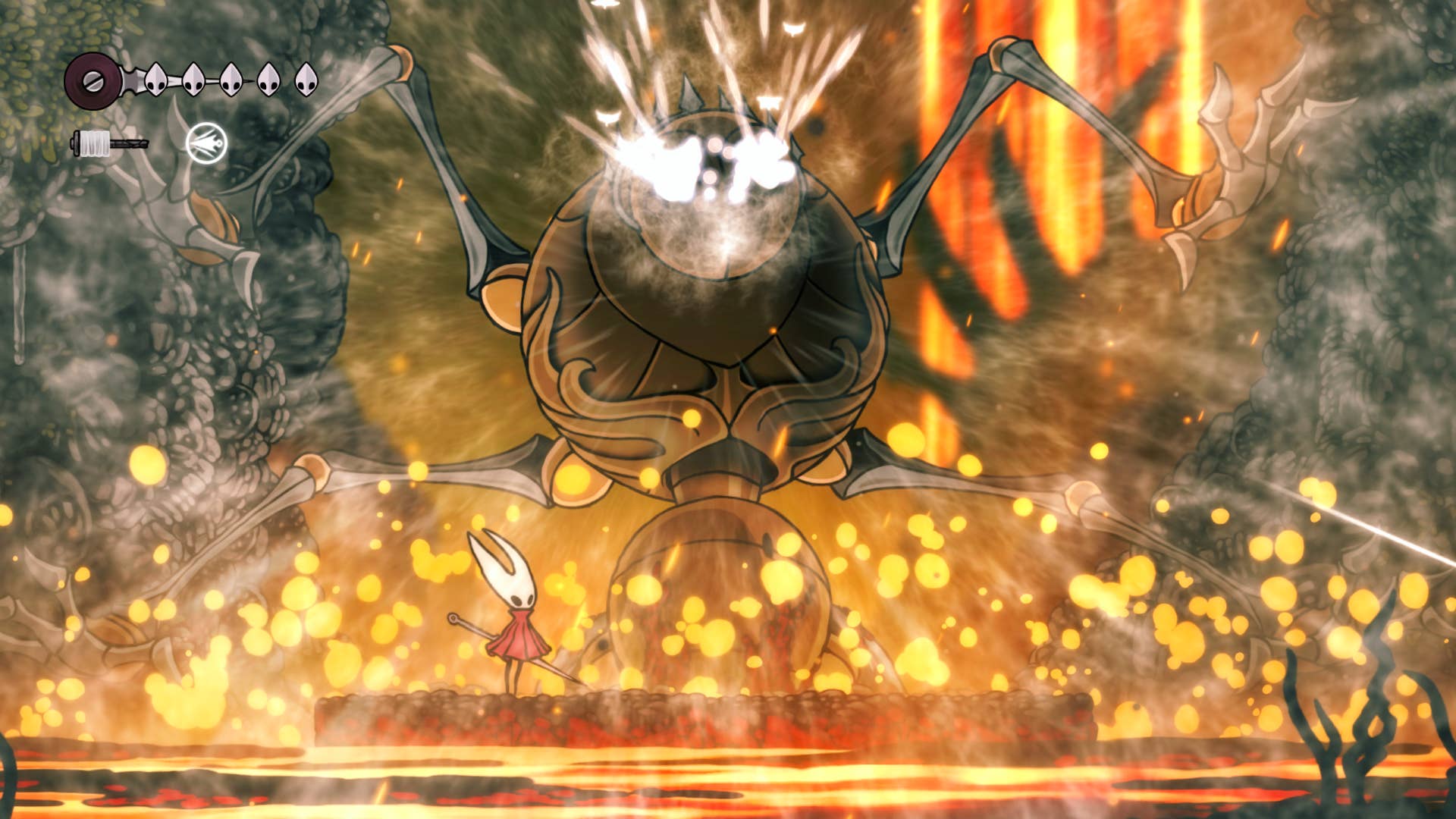 The boss of the fourth chorus screams in Hollow Knight: Silkson.