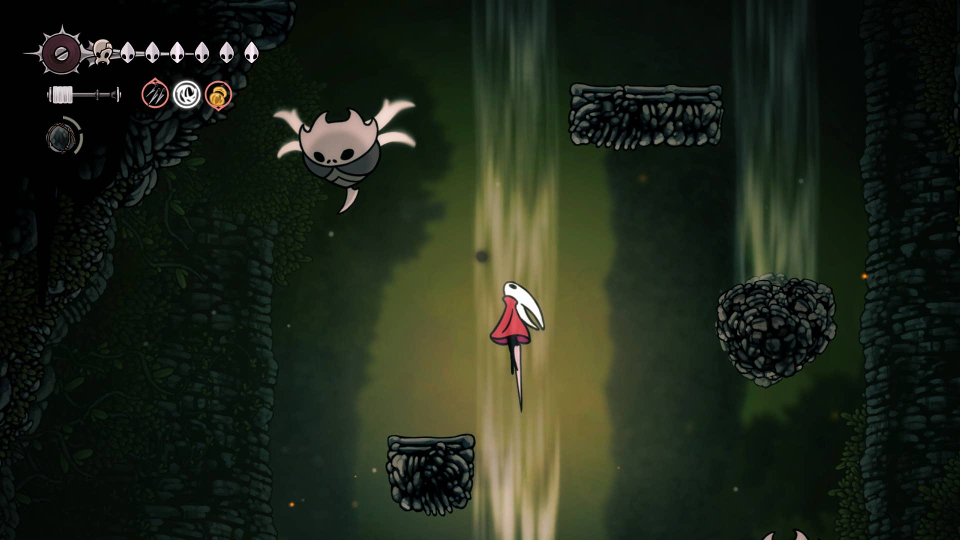 Riding an air current past a big enemy bug while on a delivery quest in Hollow Knight: Silksong.