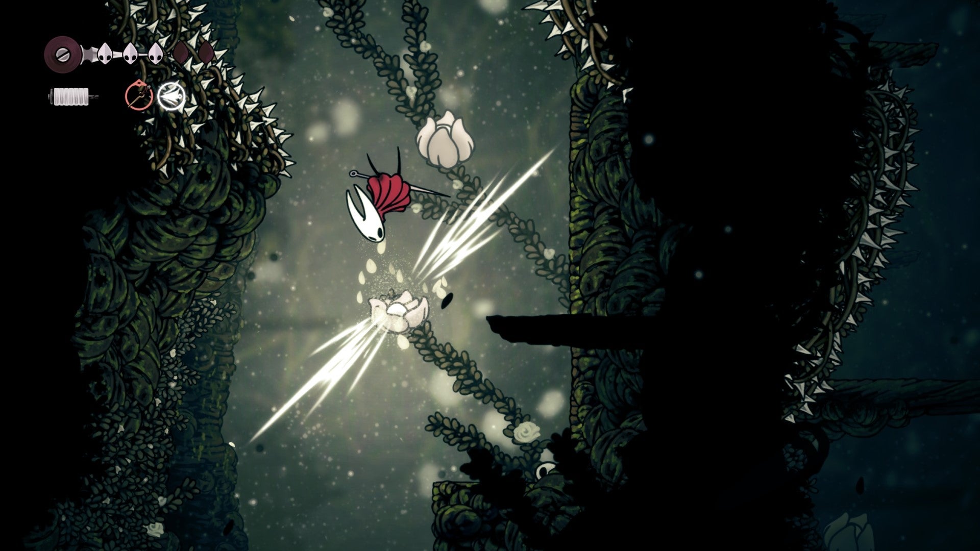 Hornet pogos off a large flower in Hollow Knight: Silksong. - 7