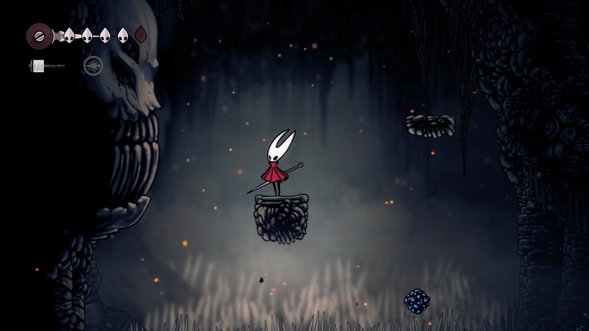 Hollow Knight: Silksong screenshot showing hornet on a lone platform in the dark