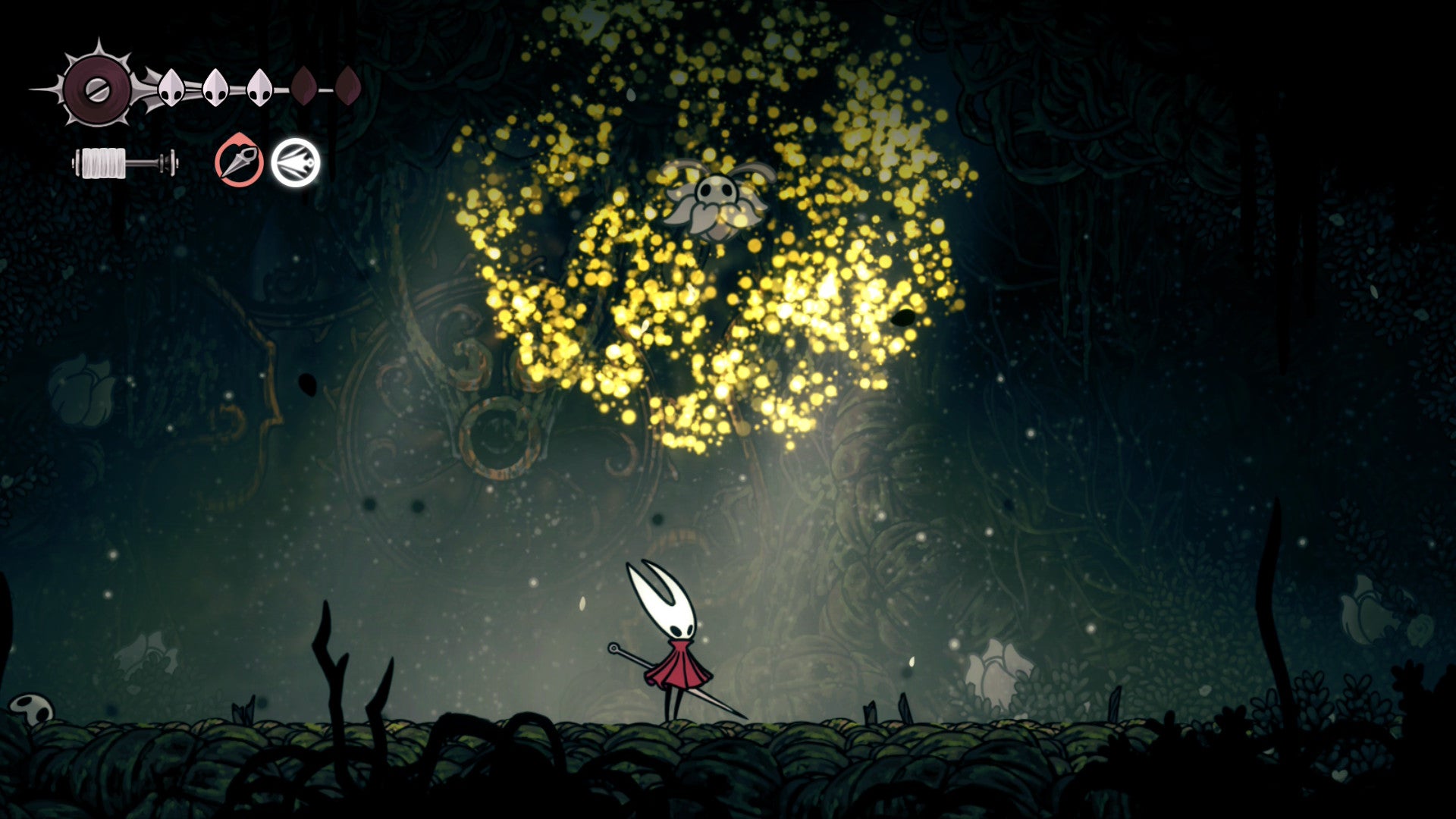 Hollow Knight: Silksong screenshot showing hornet under an orb of small glowing objects