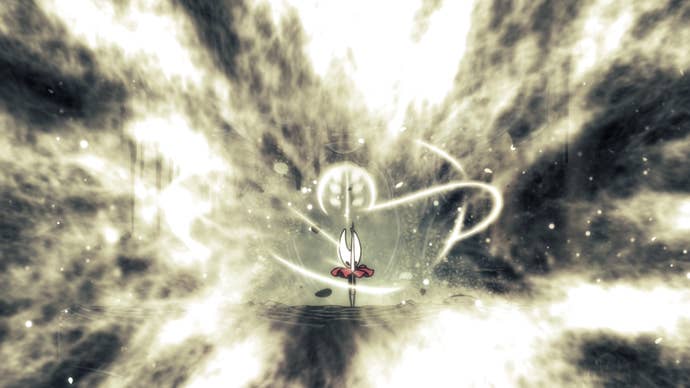 Hollow Knight: Silksong screenshot showing a bright burst of screen-filling energy, hornet at the centre