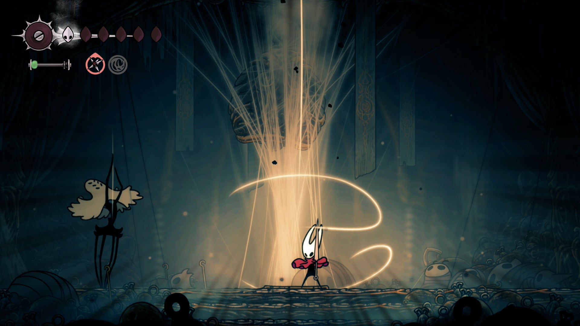 Hollow Knight: Silksong screenshot showing hornet by a tree that looks like a beam of vertical golden light