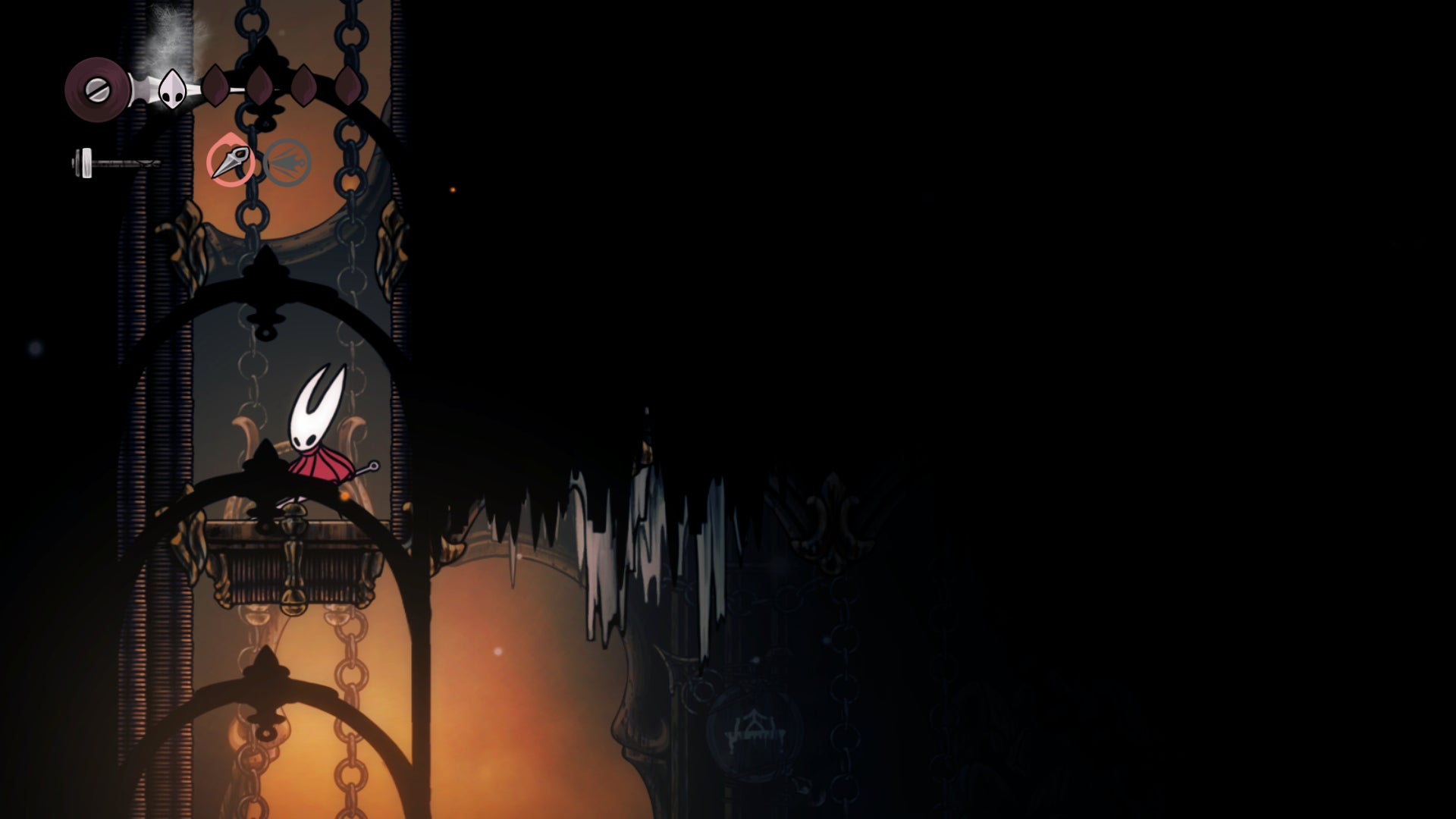 Hollow Knight: Silksong screenshot showing hornet in a vertical chasm to the left, against the dark