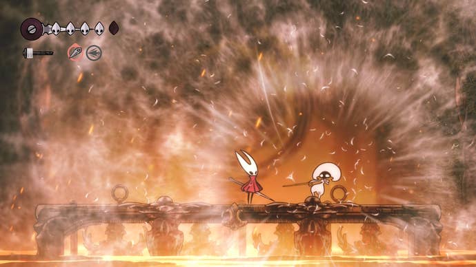 Hollow Knight: Silksong screenshot showing combat and a burst of energy