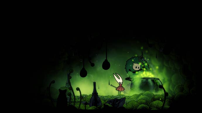Hollow Knight: Silksong screenshot showing hornet in a green-hued area