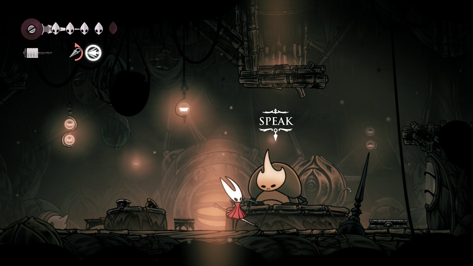 Hollow Knight: Silksong screenshot showing hornet talking with another creatre