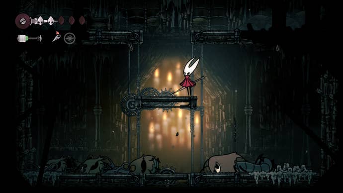 Hollow Knight: Silksong screenshot showing hornet on a ledge with gold-hued lighting