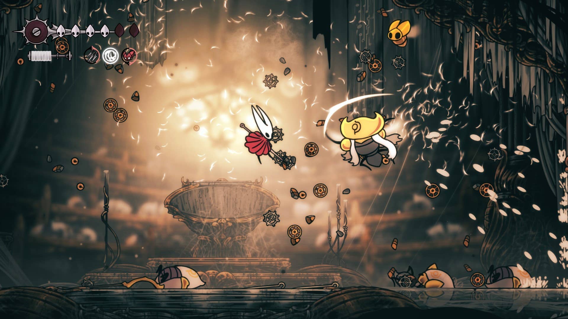 Hornet fights a wave of high-level bugs in Hollow Knight: Silkson.